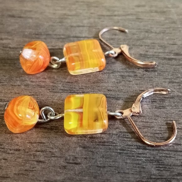 Orange Colorful Glass Bead Stone Dangle Earrings Handmade Jewelry #37 - Picture 3 of 9